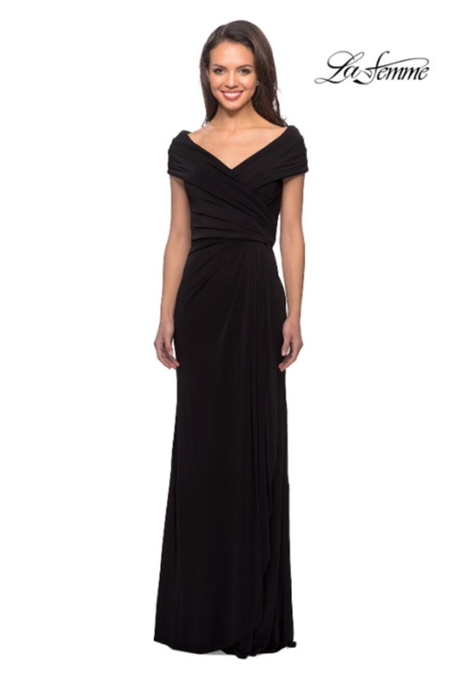 LA FEMME Women's Ruched Jersey Column Gown Size 6 Black Cap Sleeve